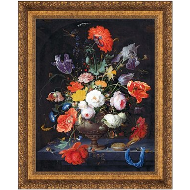 Still Life With Flowers And A Watch Framed Canvas Replica Painting: Large