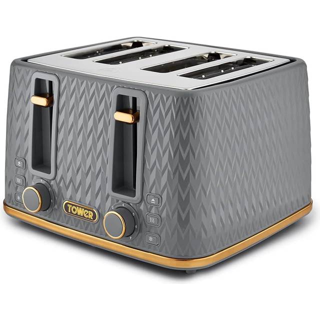 Tower Empire 4-Slice Toaster with Defrost/Stop, Removable Crumb Tray, 1600W, Brass Accents - Grey (4 - Slice)