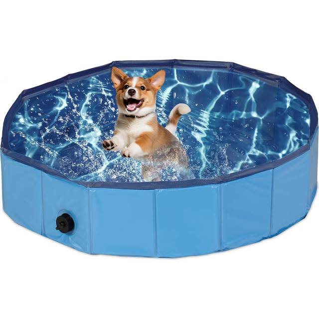 Relaxdays - Dog Pool, HxD: 20 x 80 cm, Foldable, with Drain Valve, Pet Swimming Bath for Cooling Off, pvc & mdf, Blue