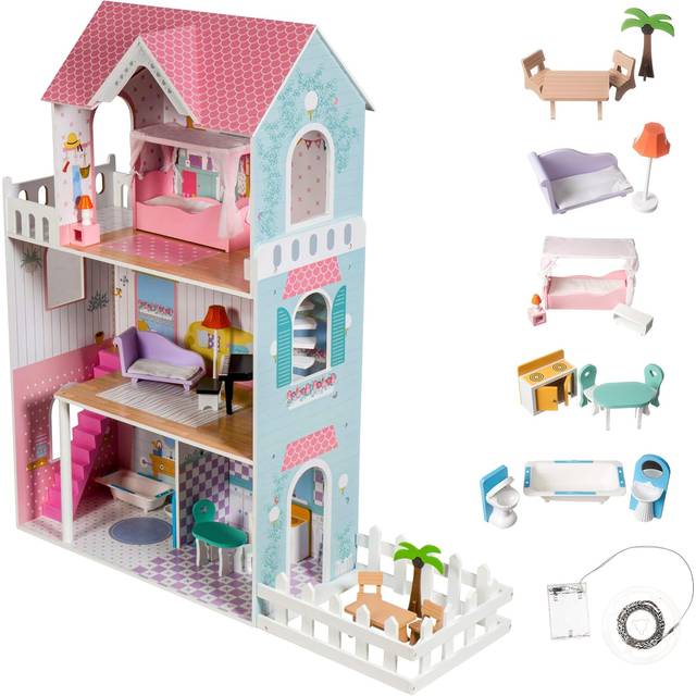 Wooden XXL Dolls House with Terrace Garden, LED Lights, Furniture and Accessories