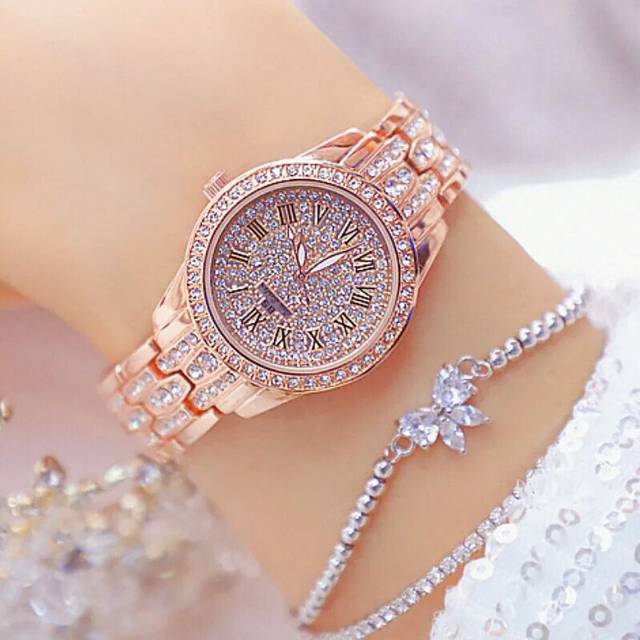 (Rose with 1 Bracelet) Diamond Women Watch Rhinestone Ladies Silver Watches Clock Wristwatch