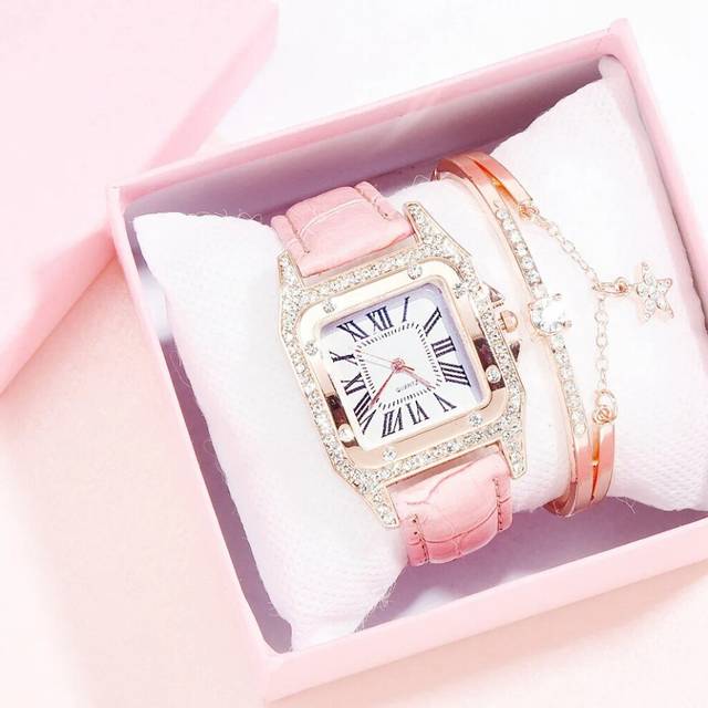 (PKH) Ladies Leather Band Quartz Wristwatch Women Diamond Watch Starry Square