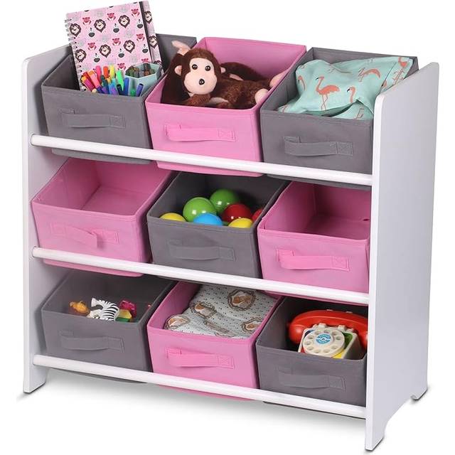 (Pink/Grey) Kids Wooden Shelf Toy Storage Unit With 9 Baskets