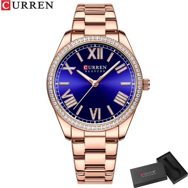 (rose blue box) CURREN Luxury Quartz Women's Watch Silver Charming Rhinestone Dial with