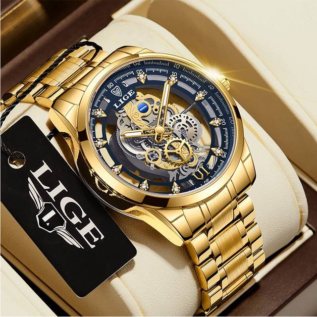 (gold blue) LIGE 2023 New Gold Watch Women Watches Ladies All Steel Skeleton Design