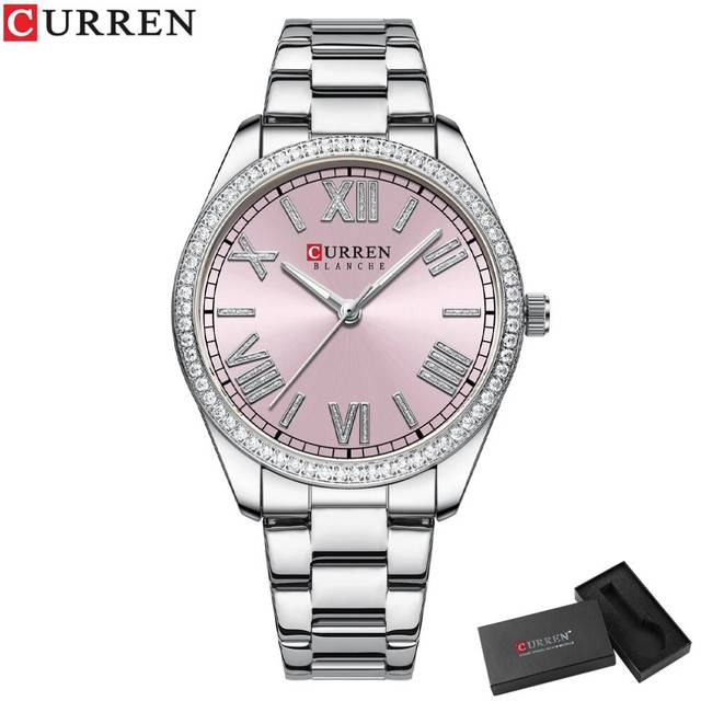 (silver box) CURREN Luxury Quartz Women's Watch Silver Charming Rhinestone Dial with