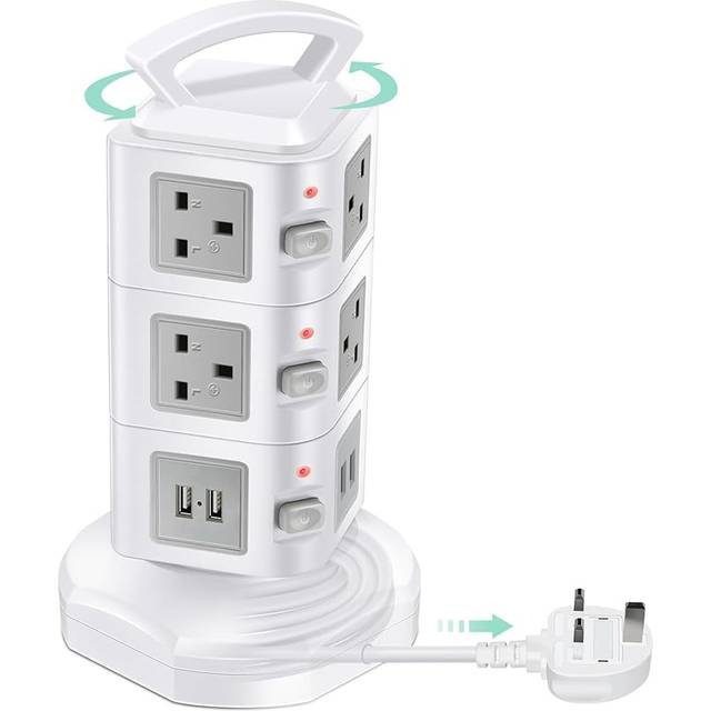 ãRetractableãGLCON Tower Power Strip with USB 4 Ports Surge Protector Extension Lead 3M 10 Way Outlets Multi Plug Individual Switches Electric