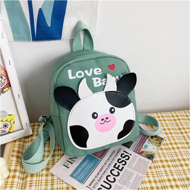 (Green Cow) Animal Print Adorable Canvas Backpack For Kids Lightweight Breathable Design