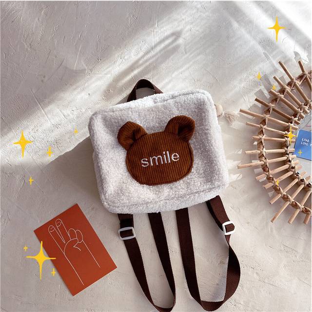 (White) Cozy Plush Cartoon Bear Mini Backpack For Kids With Unique Color Block Design And Soft Feel