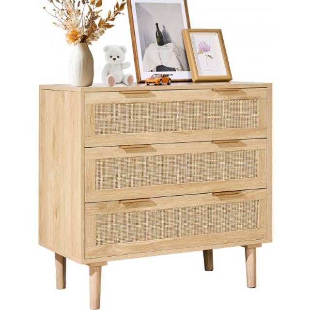 VEVOR Byrålådor i naturlig rotting med 3 lådor, modern byrå i trä för kläder och förvaring Boho med robusta handtag och ben, för sovrum naturlig träfärg