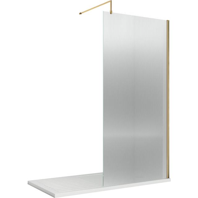 Nuie 800mm Fluted Wetroom Screen w/Support Bar Brushed Brass