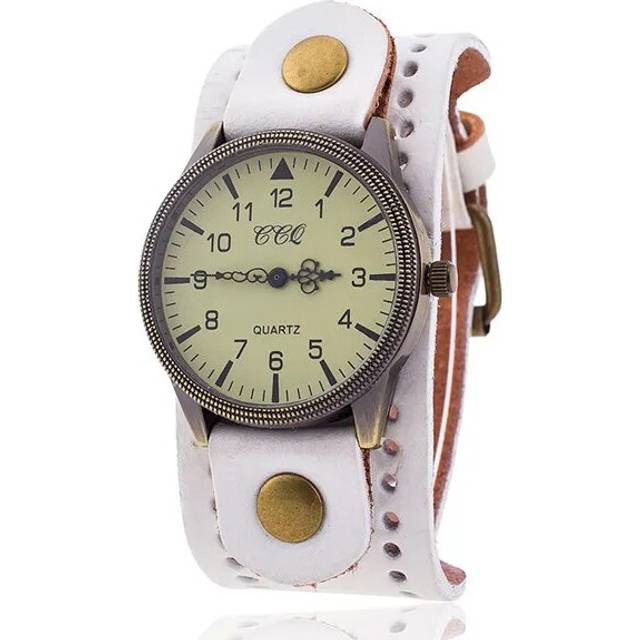 (WHITE) Vintage Cow Leather Watch High Quality Antique Women Wrist Watch Luxury