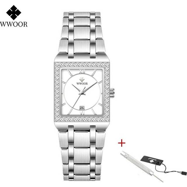 (Silver white) WWOOR New Gold Watch 8858 Women Watchs Steel Top Luxury Brand Ladies Watches
