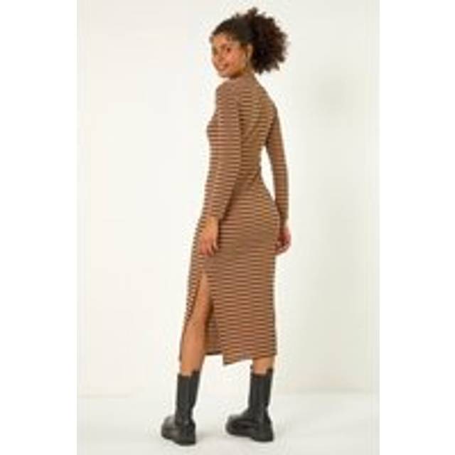 Dusk Womens High Neck Stripe Bodycon Midi Dress - Brown - Size 18 UK