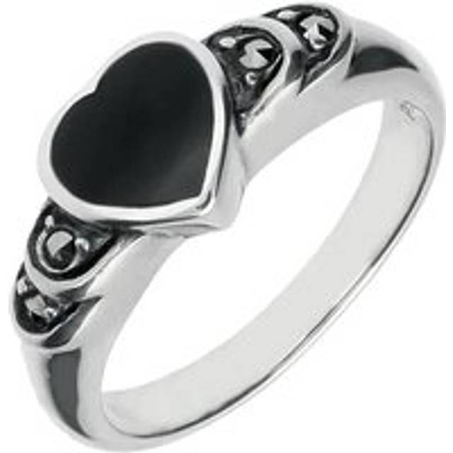 Sterling Silver Whitby Jet Heart Marcasite Shoulder Ring - Silver