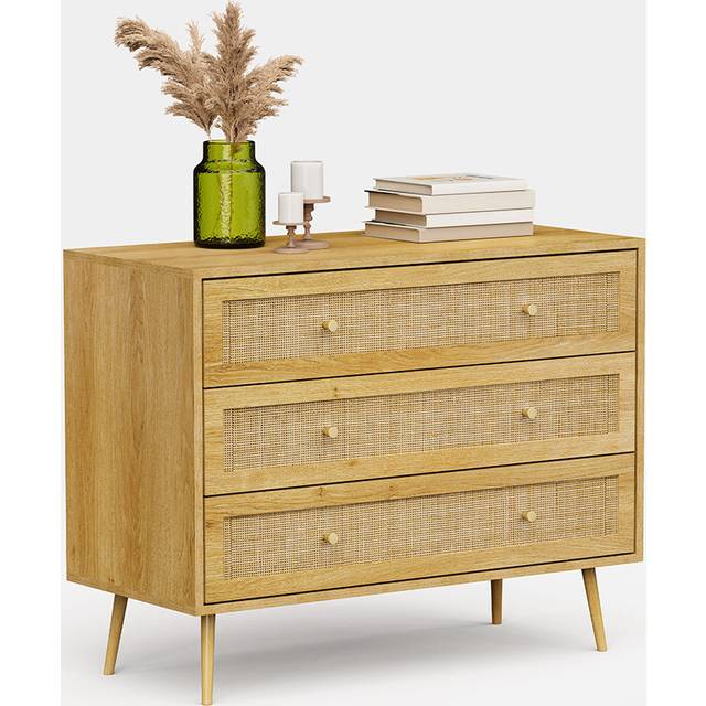 Chest of drawers with natural rattan, drawer organiser with 3 drawers - vonhaus