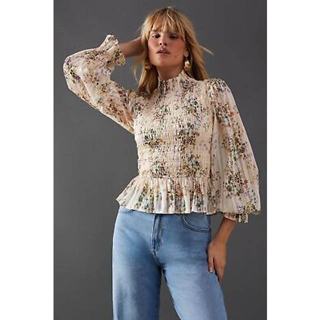 Warehouse Womens Satin Shadow Stripe Shirring Peplum Hem Top - Multicolour - Size 12 UK