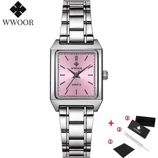 (Pink surface) WWOOR Ladies Watches 2023 Fashion Square Watch Small Clock Brown Leather