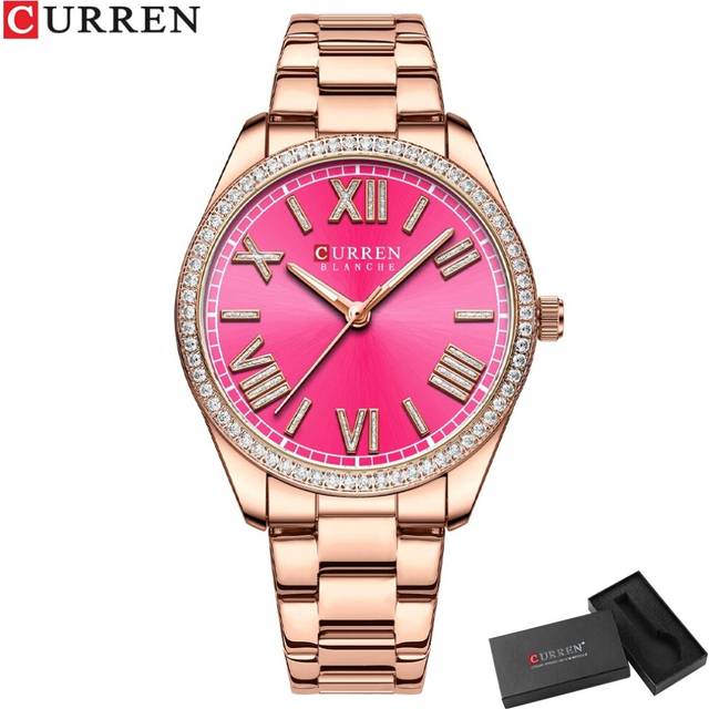 (rose pink box) CURREN Luxury Quartz Women's Watch Silver Charming Rhinestone Dial with