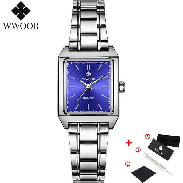 (Blue surface) WWOOR Ladies Watches 2023 Fashion Square Watch Small Clock Brown Leather