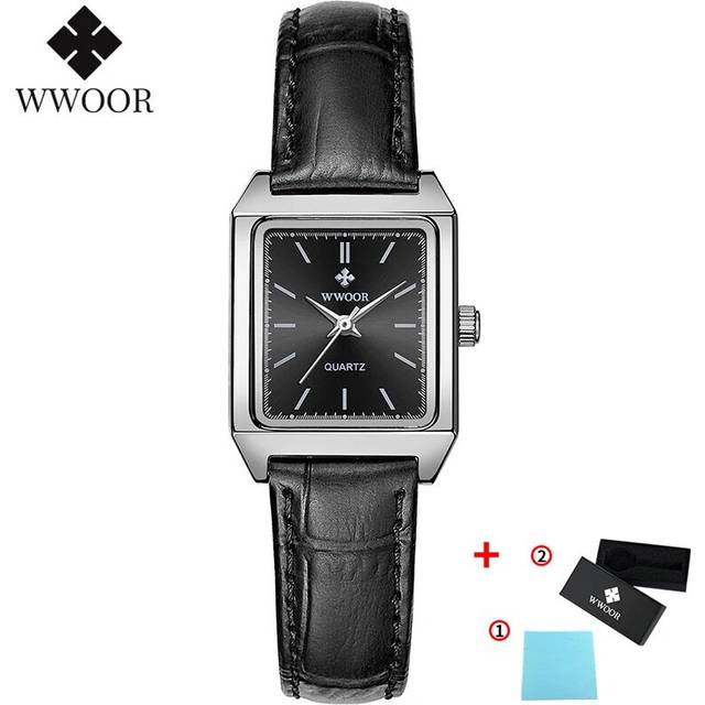 (Black black) WWOOR Ladies Watches 2023 Fashion Square Watch Small Clock Brown Leather