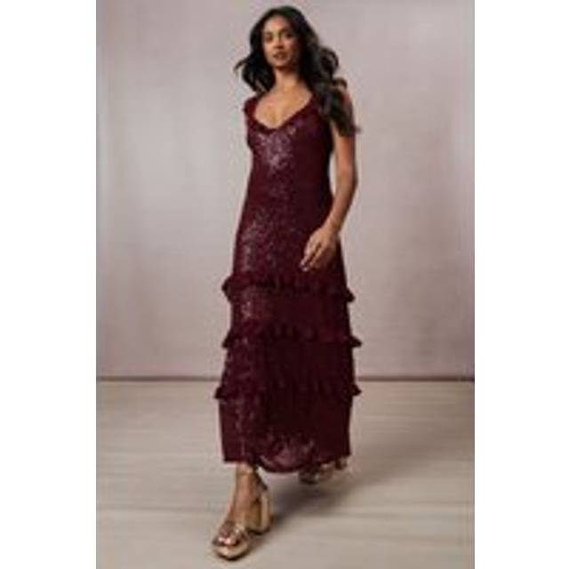 Oasis womens fit flare dress berry sequin ruffle midi sleeveless formal party