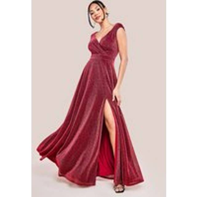 Crossover Lurex Glitter Maxi Dress - Wine by Goddiva - Burgundy - 16