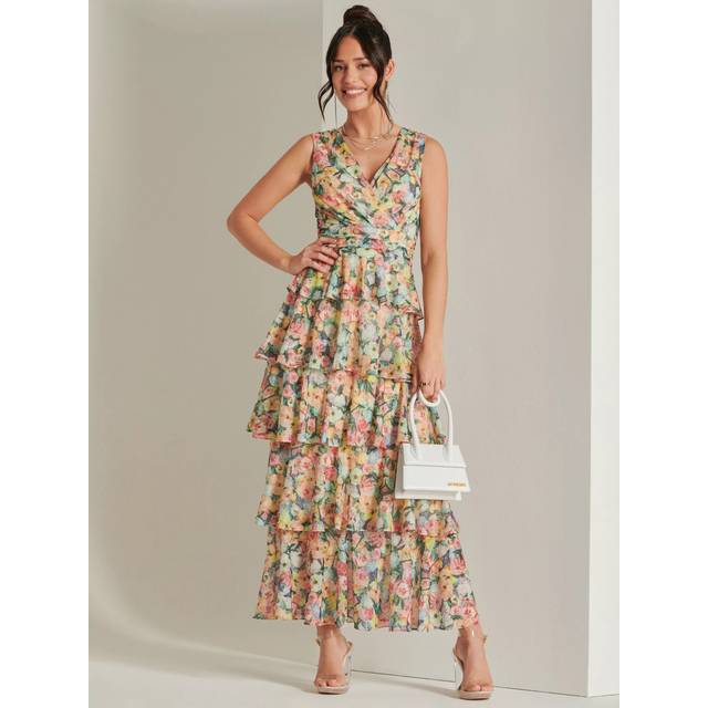 Tiered Hem Mesh Maxi Dress - Yellow - 10