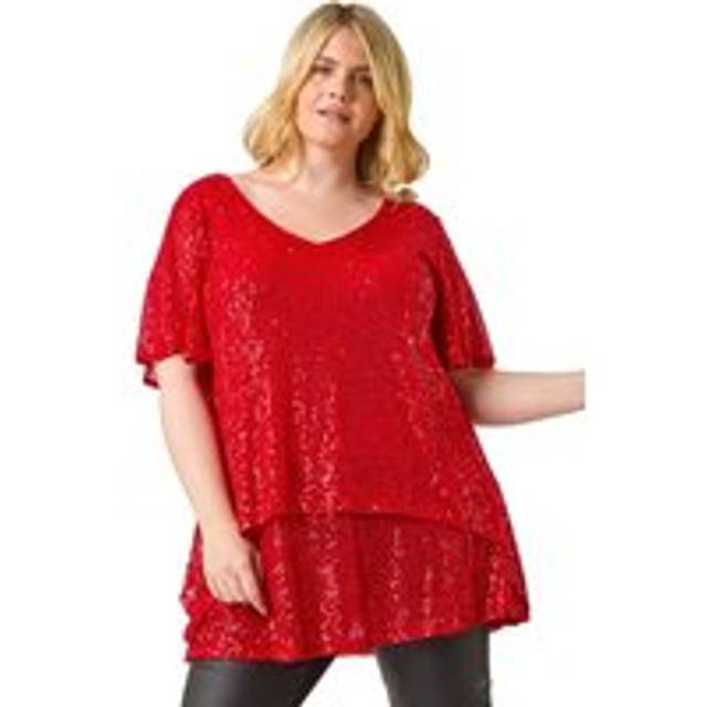 Sequin Overlay Flute Sleeve Top - Red - 20