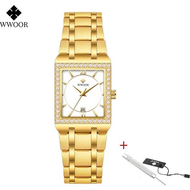 (Gold white) WWOOR New Gold Watch 8858 Women Watchs Steel Top Luxury Brand Ladies Watches