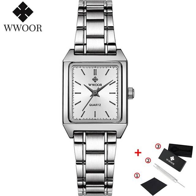 (White surface) WWOOR Ladies Watches 2023 Fashion Square Watch Small Clock Brown Leather