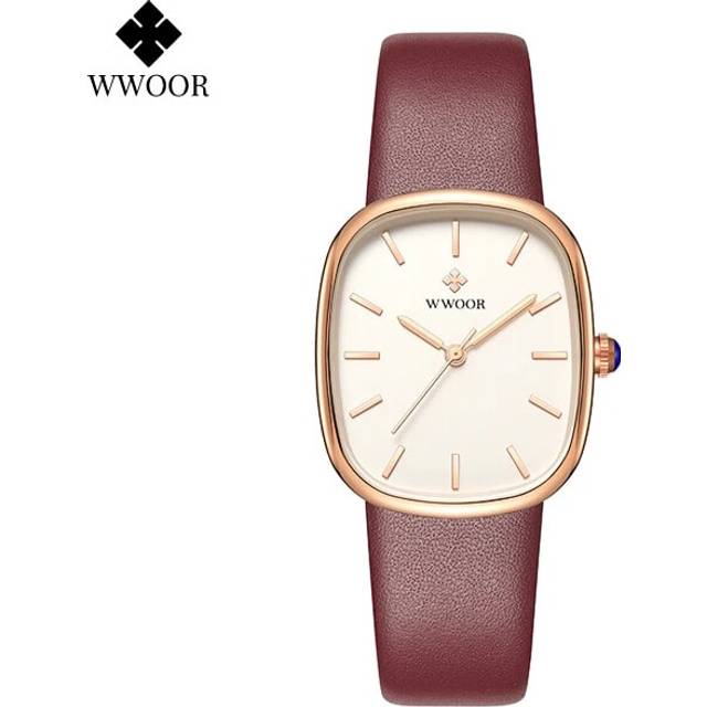 (Rose red) WWOOR 2023 Women Watch Fashion Leather Quartz Watch Top Brand Luxury Waterproof - Red