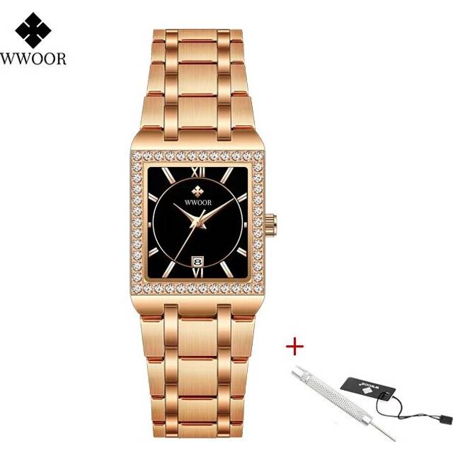 (Rose black) WWOOR New Gold Watch 8858 Women Watchs Steel Top Luxury Brand Ladies Watches