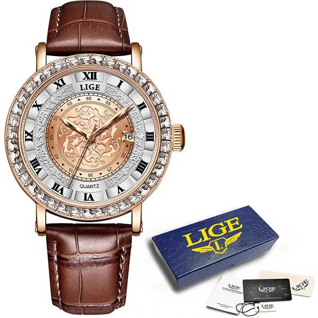 (Brown silver) Luxury Women Watch with Diamond Elegant Brand Quartz Clock Leather Watches - Silver
