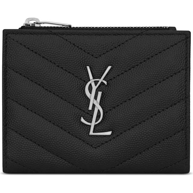 Monogram Embossed Leather Zipped Card Case - Black - Chic and compact, the Monogram Zip Card Case from Saint Laurent works a quilted finish and slim silhouette, stamped with the brand's silver tone moniker. Ideal for all the on-the-go essentials, it boasts a transparent ID slot, card and cash slots and a zip coin pocket.