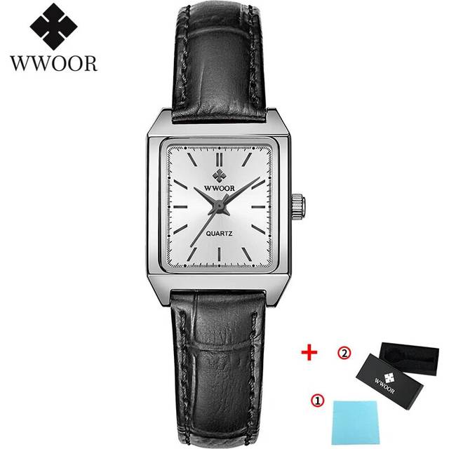 (Black white) WWOOR Ladies Watches 2023 Fashion Square Watch Small Clock Brown Leather