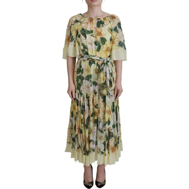 Dolce & Gabbana Yellow Floral Print Pleated Maxi Silk Dress - IT40|S