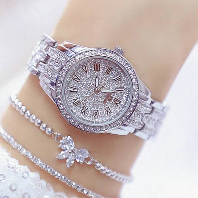 (Silver with1Bracelet) Diamond Women Watch Rhinestone Ladies Silver Watches Clock Wristwatch