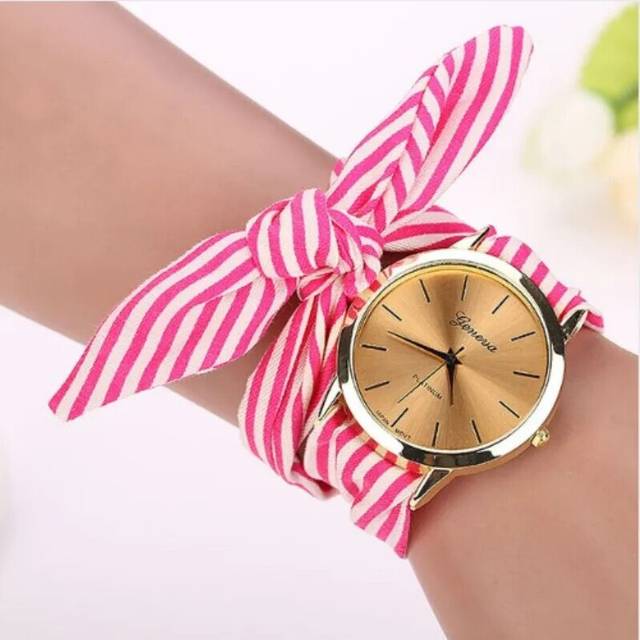 (Rose) Stripe Floral Cloth Quartz Dial Watch Products Women Wristwatch