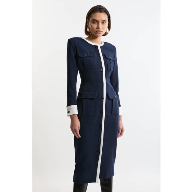 Compact Stretch Contrast Tipped Tailored Maxi Dress - Navy