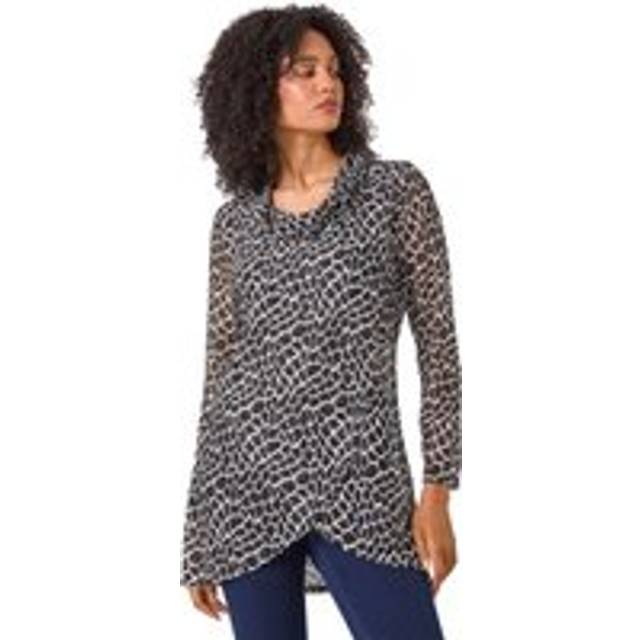 Abstract Print Cowl Neck Stretch Top - Black - 12