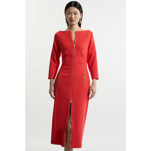 Petite Compact Stretch Tailored Long Sleeve Zip Through Midi Dress - Red
