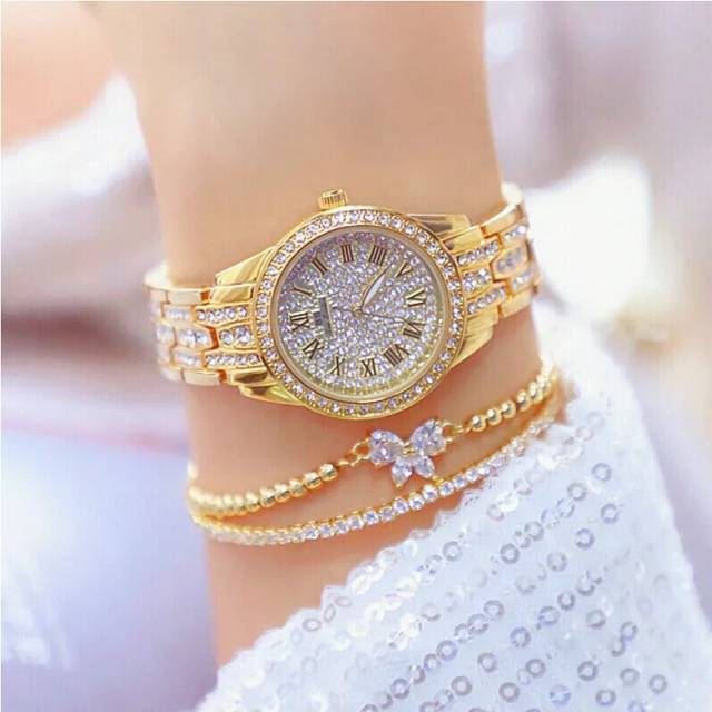 (Gold with 1 Bracelet) Diamond Women Watch Rhinestone Ladies Silver Watches Clock Wristwatch