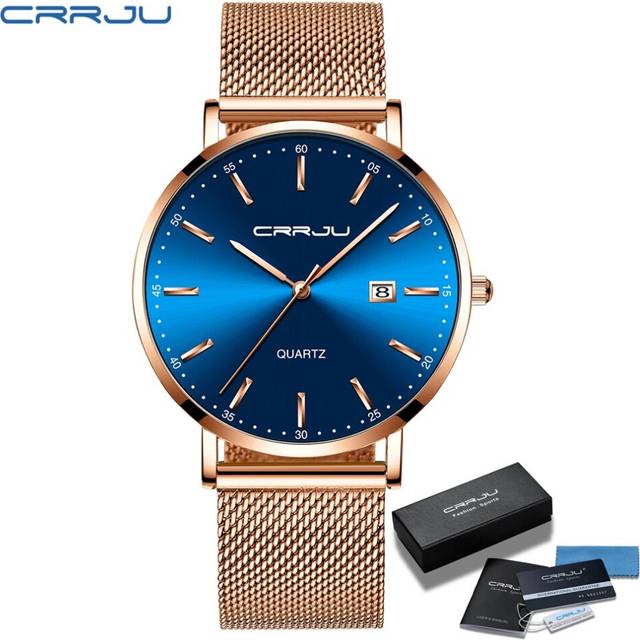 (rose blue BOX) CRRJU Luxury Fashion Woman Watch Women Casual Waterproof Quartz Ladies - Blue