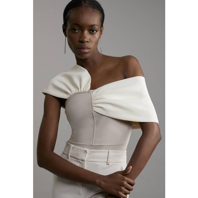 Figure Form Bandage Knit Asymmetric Strap Top - Neutral