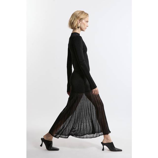 Viscose Blend Knit Sheer Skirt Maxi Dress - Black