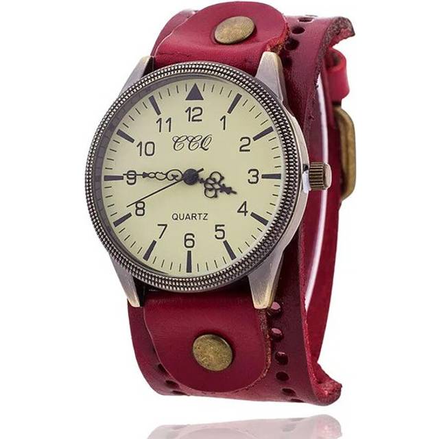 (Red) Vintage Cow Leather Watch High Quality Antique Women Wrist Watch Luxury