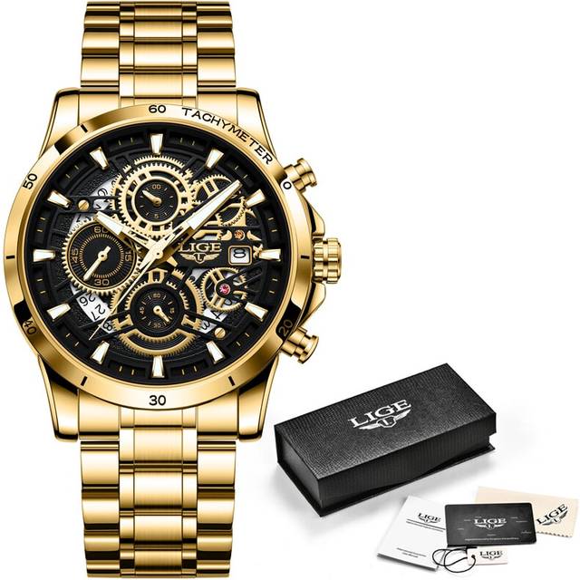 (gold black) LIGE Fashion Gold Watch Women Top Brand Luxury Sport Quartz Wrist Watch