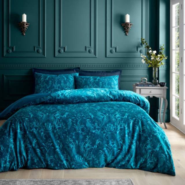 Bridgerton Regal Birds Velvet Damask Duvet Cover Bedding Set Teal