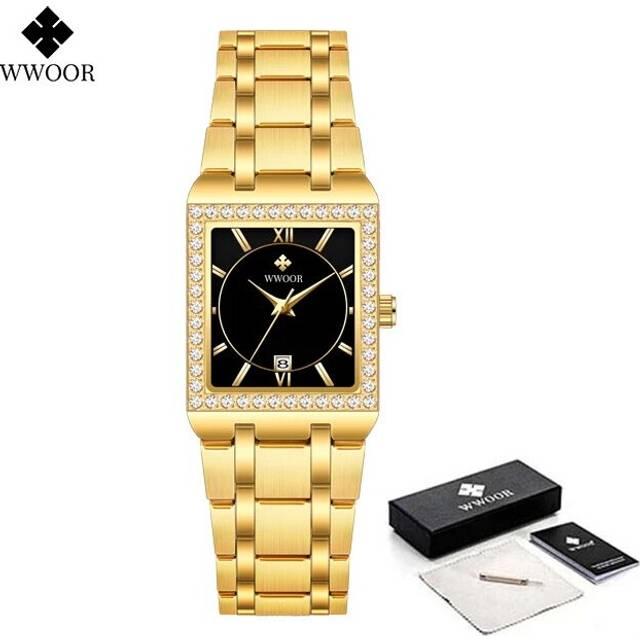 (Gold black) WWOOR New Gold Watch 8858 Women Watchs Steel Top Luxury Brand Ladies Watches